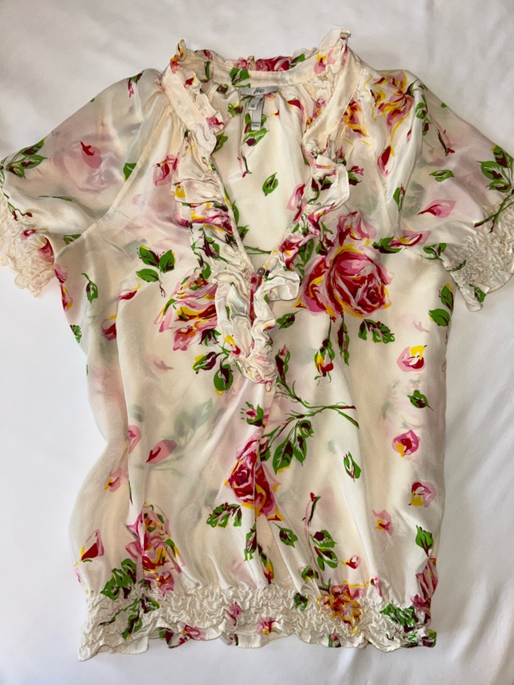 Joie Cream Blouse with Pink and Green Floral Print M